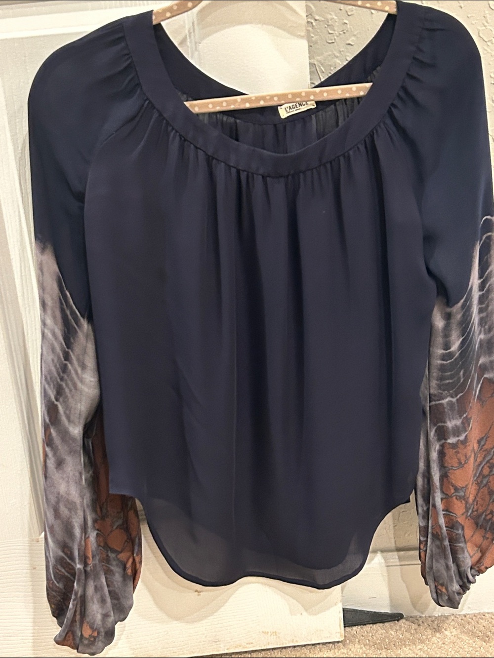 L'AGENCE Navy Blouse with Patterned Balloon Sleeves